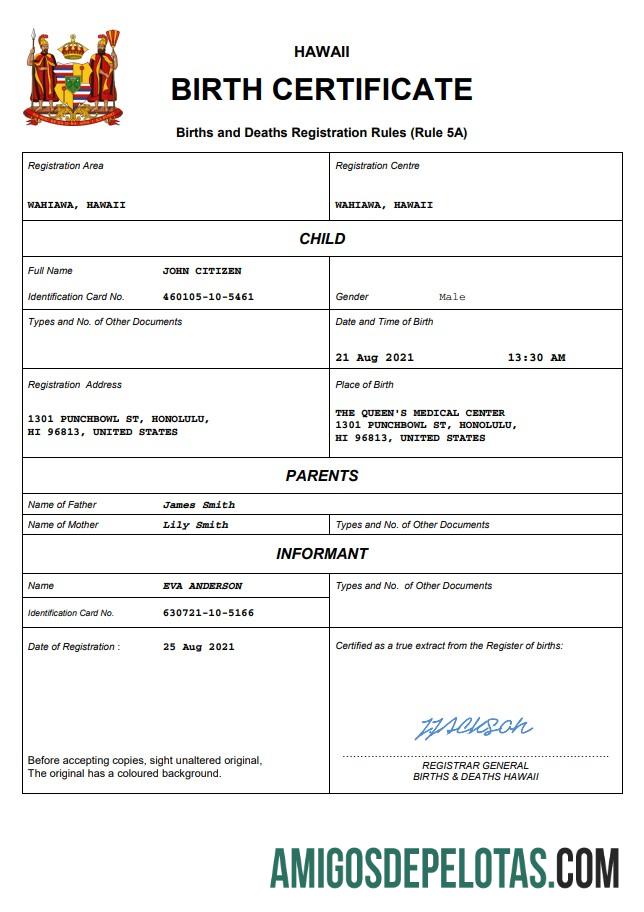 Realista modelo Word e PDF de certidão de nascimento do Havaí